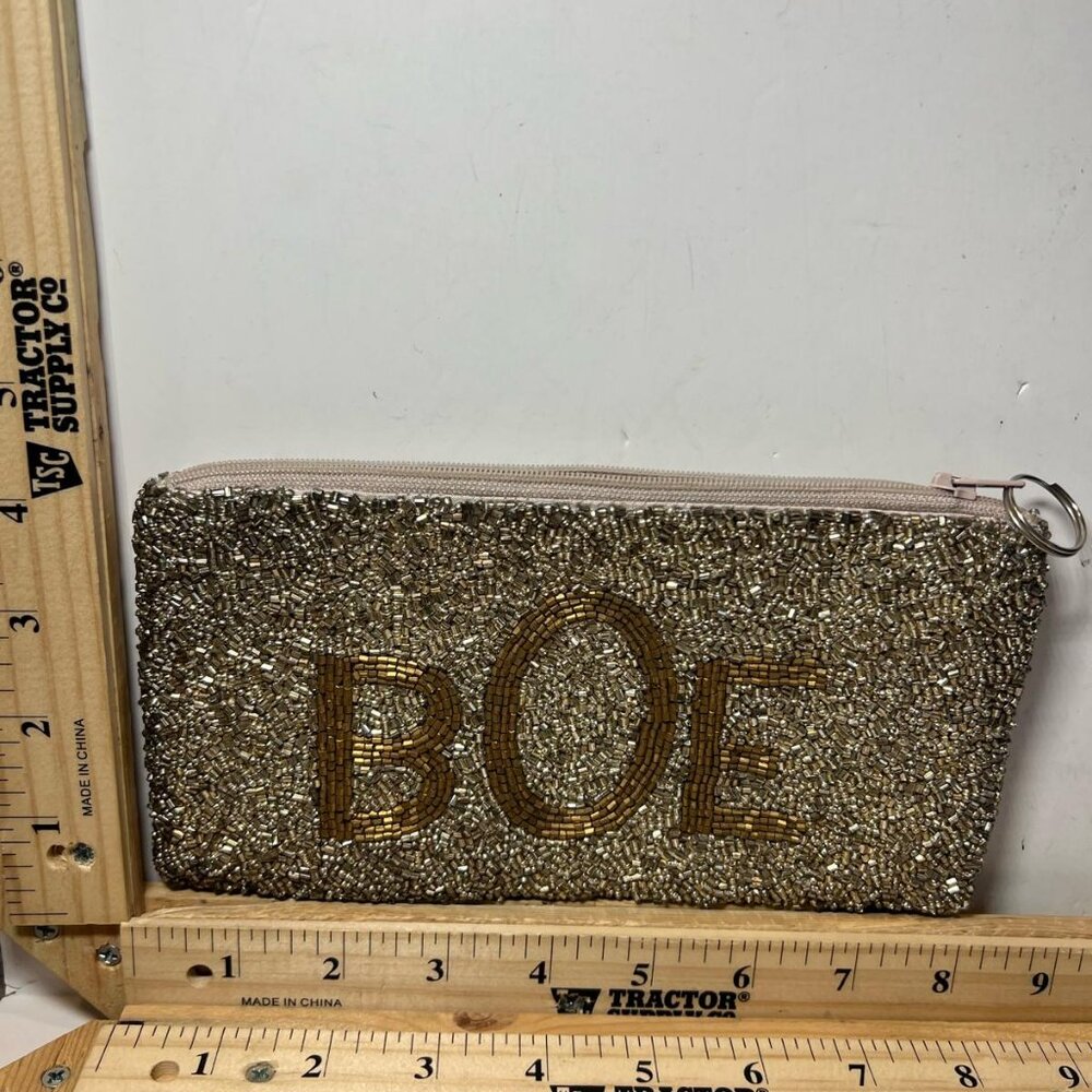 Vintage Beaded Pouch with BOE Lettering Stylish Zippered Coin Purse
